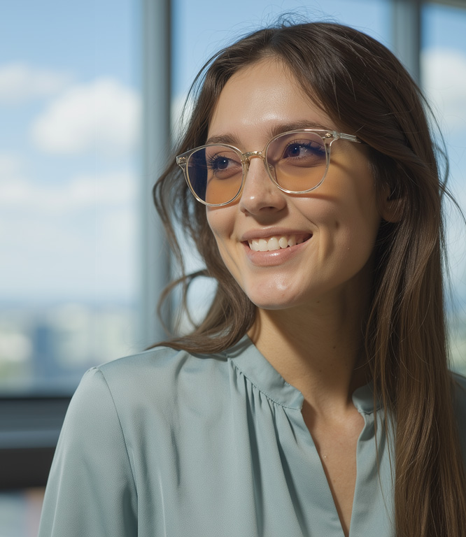 Jenna at the office wearing clear Axon Optics glasses powered by Avulux