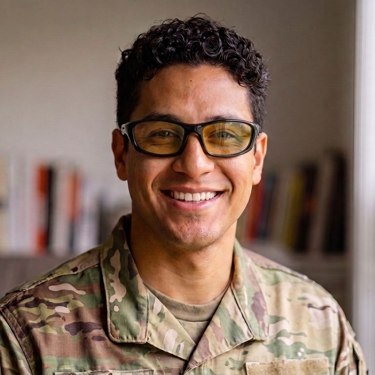Veteran Felipe wearing wrap Avulux glasses