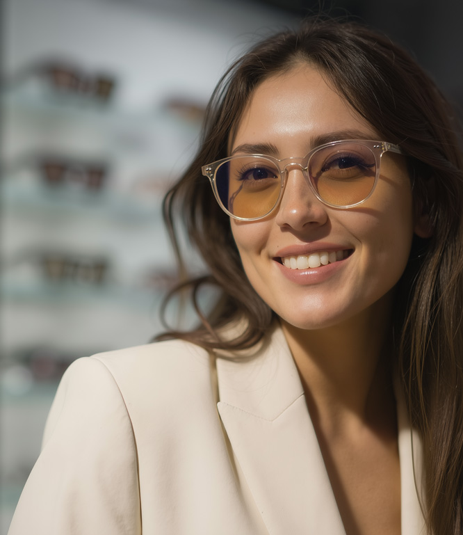 Woman wearing Avulux Lilu Clear frames at an eye care practice