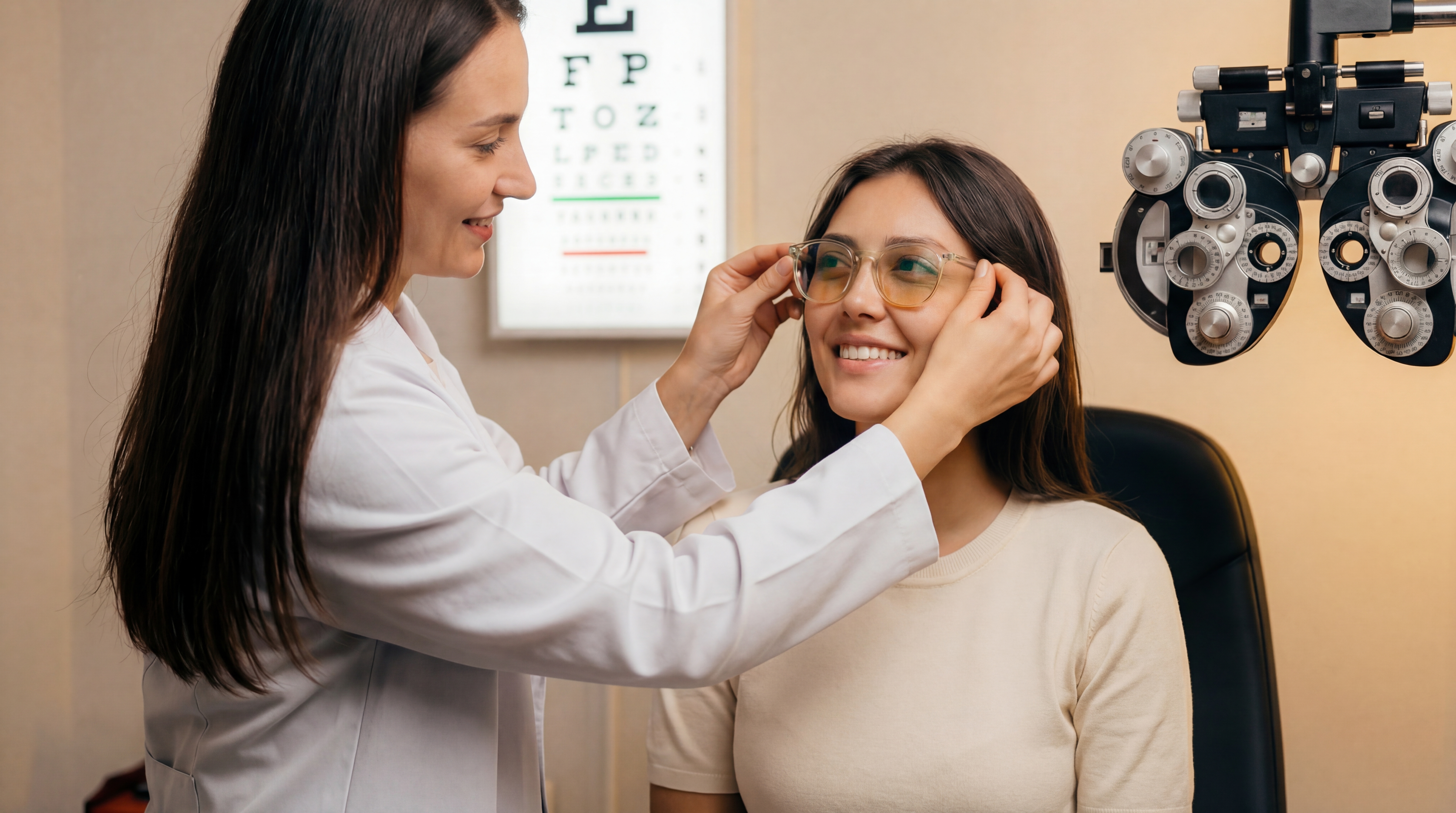 Patient smiling at optometrist after receiving Avulux glasses
