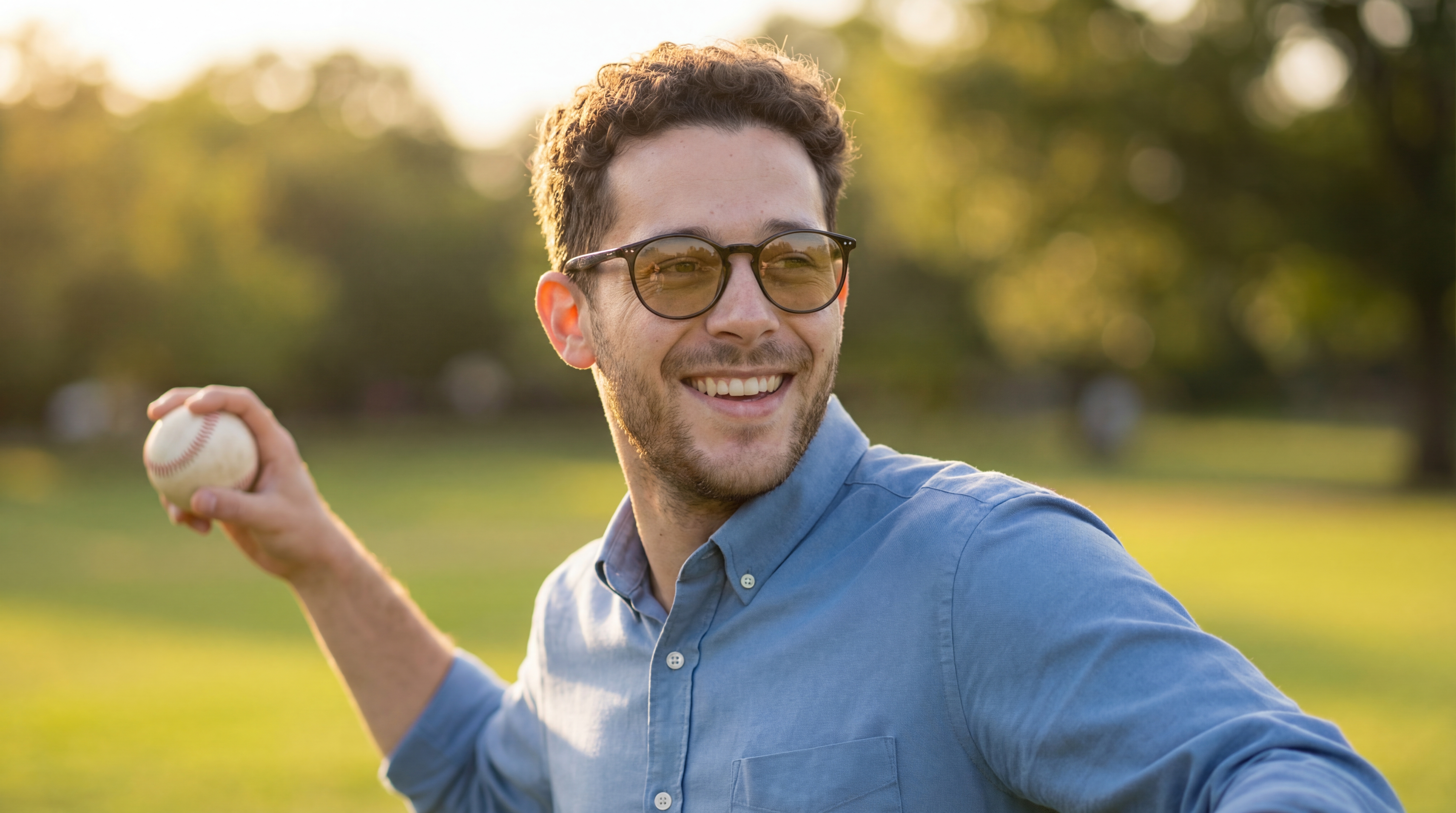 Man throwing a baseball while wearing Avulux glasses