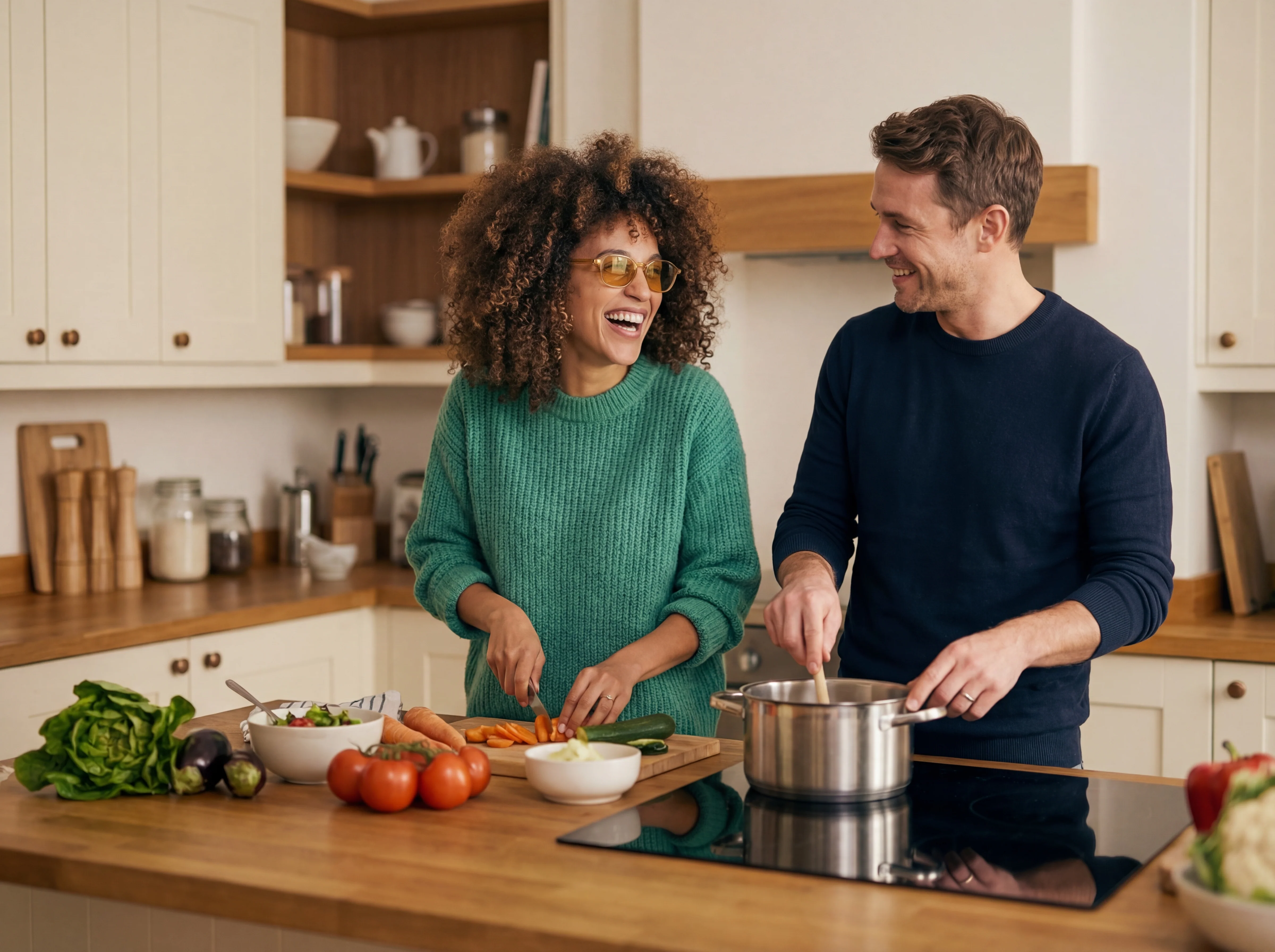 Couple cooking while wearing Avulux glasses