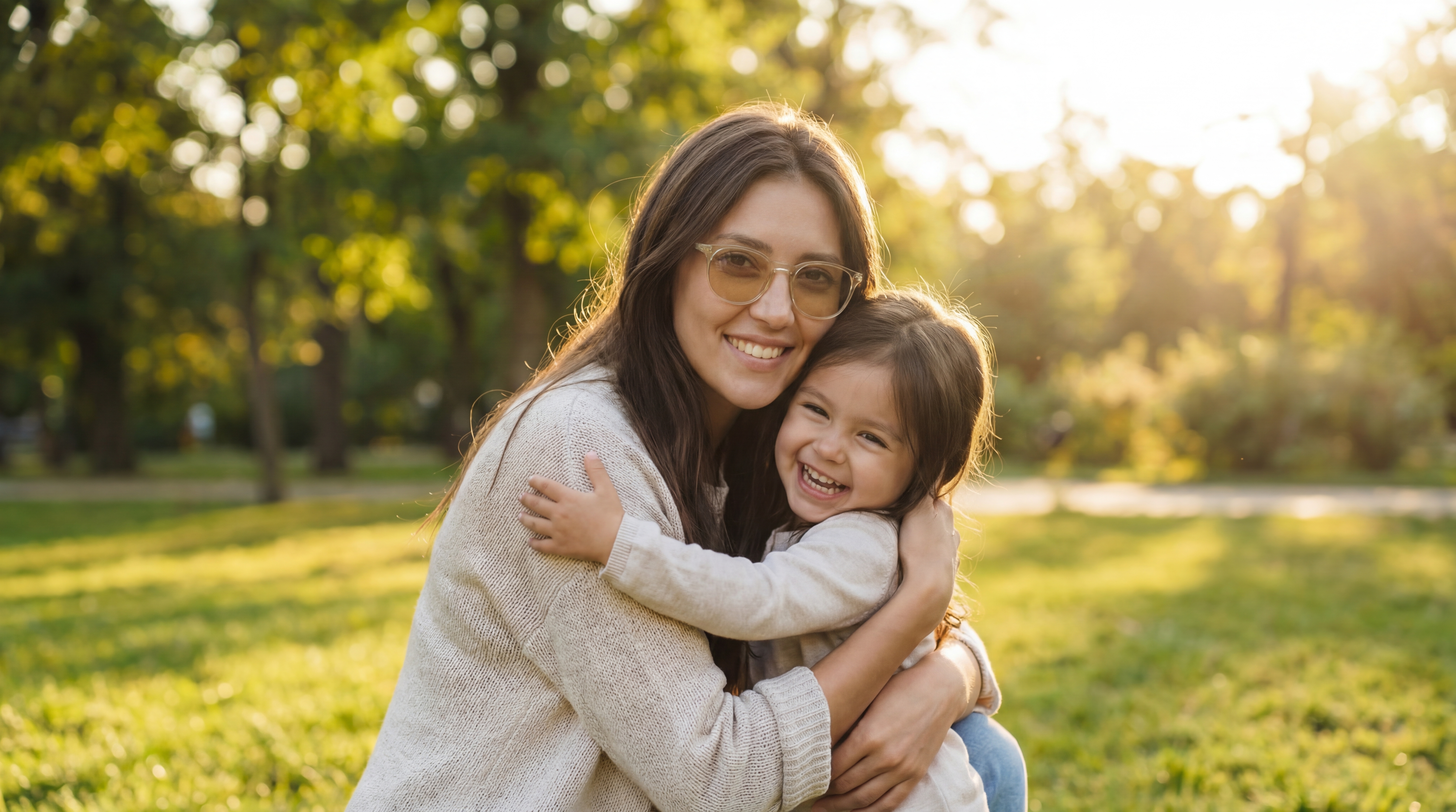 Mother holding child while wearing Avulux glasses