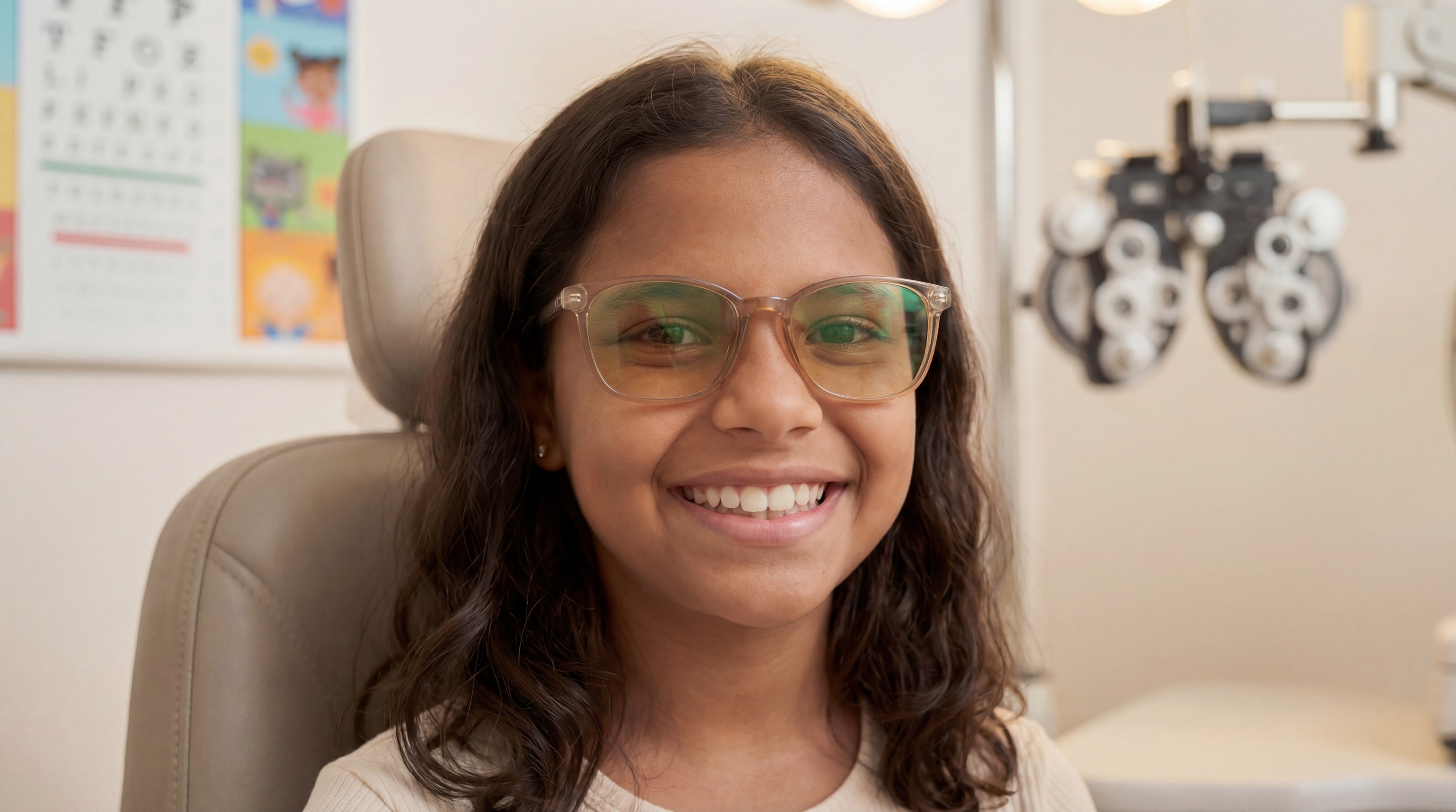 Young girl smiling while wearing Avulux glasses