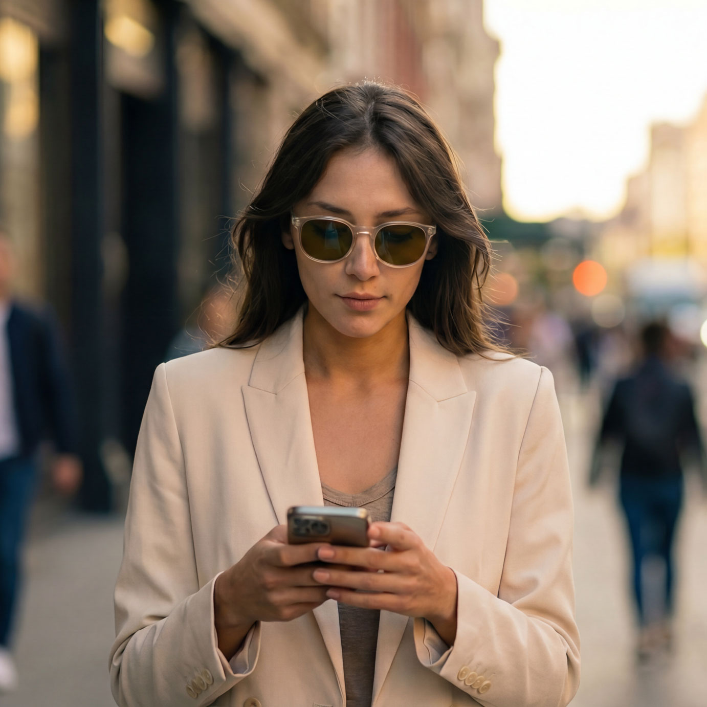 Woman walking outside with Avulux Adapt glasses